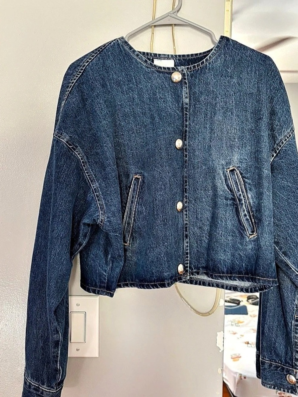 H&M Collarless Denim Jacket Blue Size Medium (8)